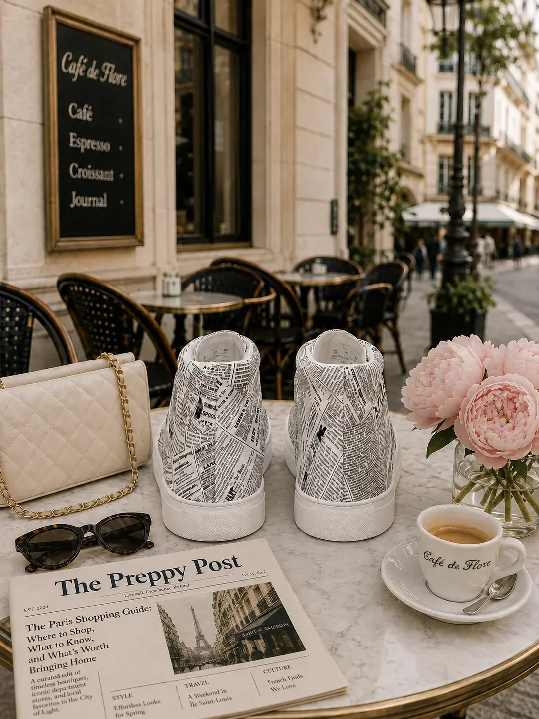 Back heel view of newspaper print high-top sneakers on a cafe table with a Preppy Post newspaper and espresso.