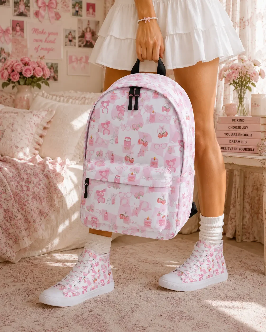 Young woman wearing a white skirt and matching pink icon sneakers holds a pink preppy icon pattern backpack in a bedroom.