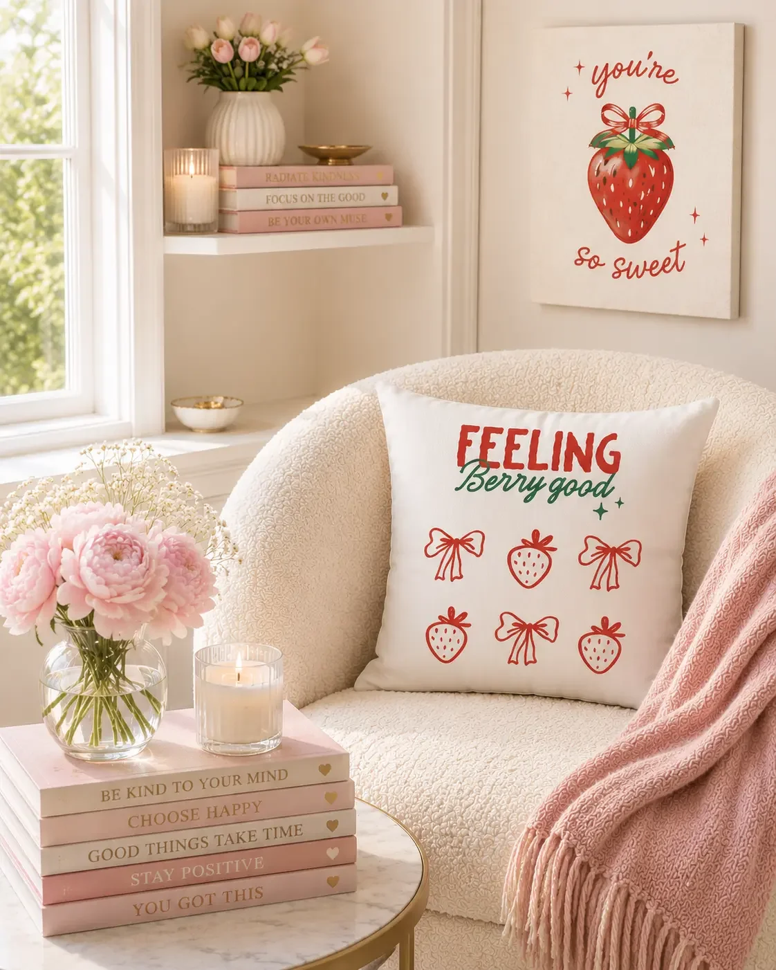Close-up lifestyle shot of a red strawberry coquette pillow styled with a candle, pink peonies in a glass vase, and stacked books.
