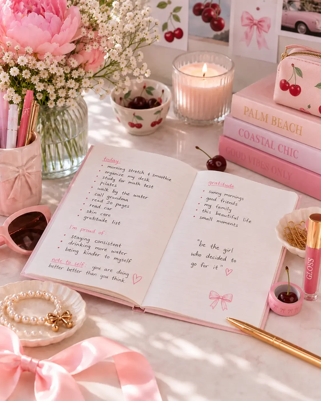 An open journal with a handwritten gratitude checklist on a pink desk, surrounded by peonies, a candle, and a stacked pile of books.
