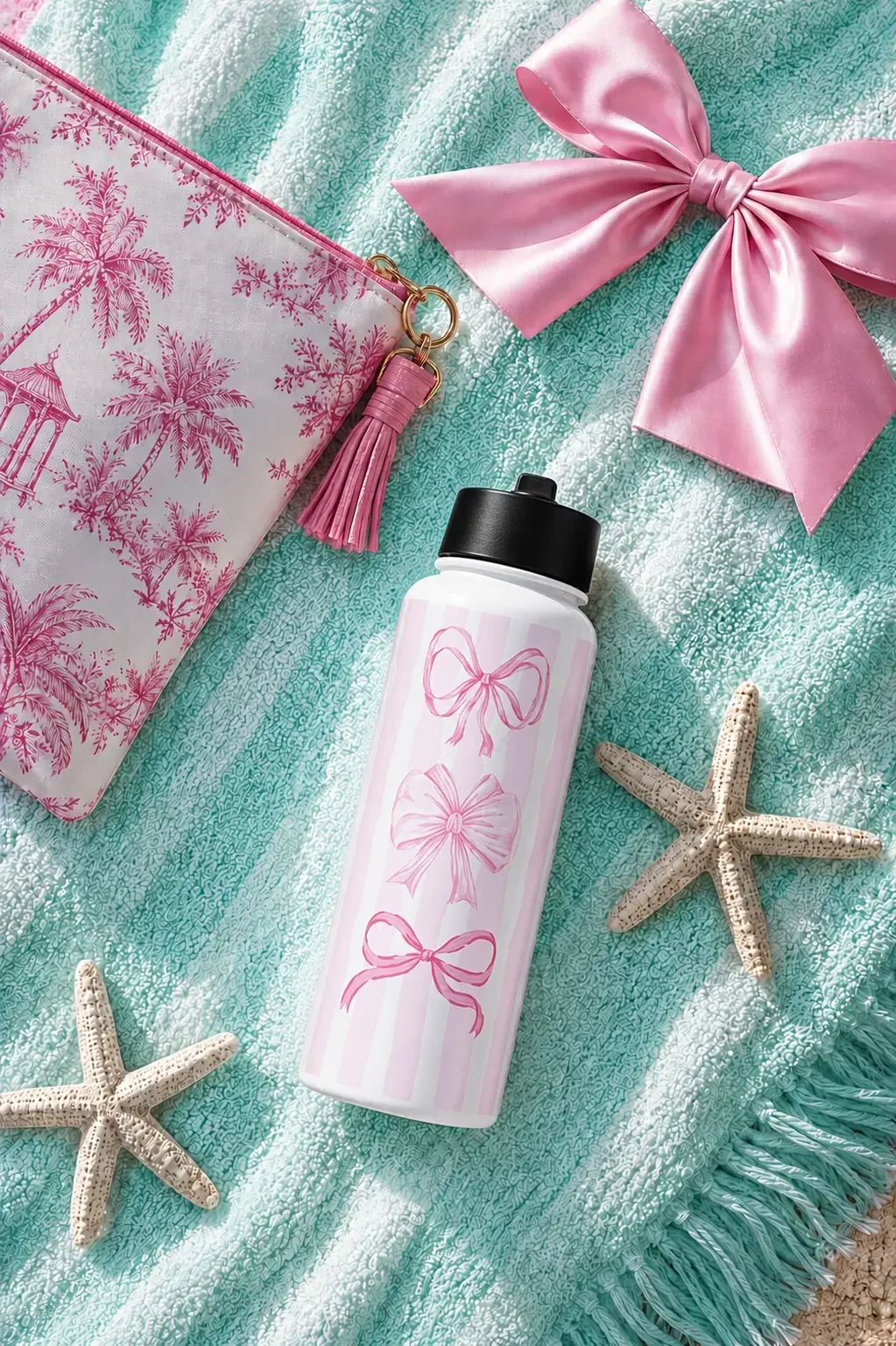 Coquette-pink-bow-striped-beach-water-bottle-flatlay.webp