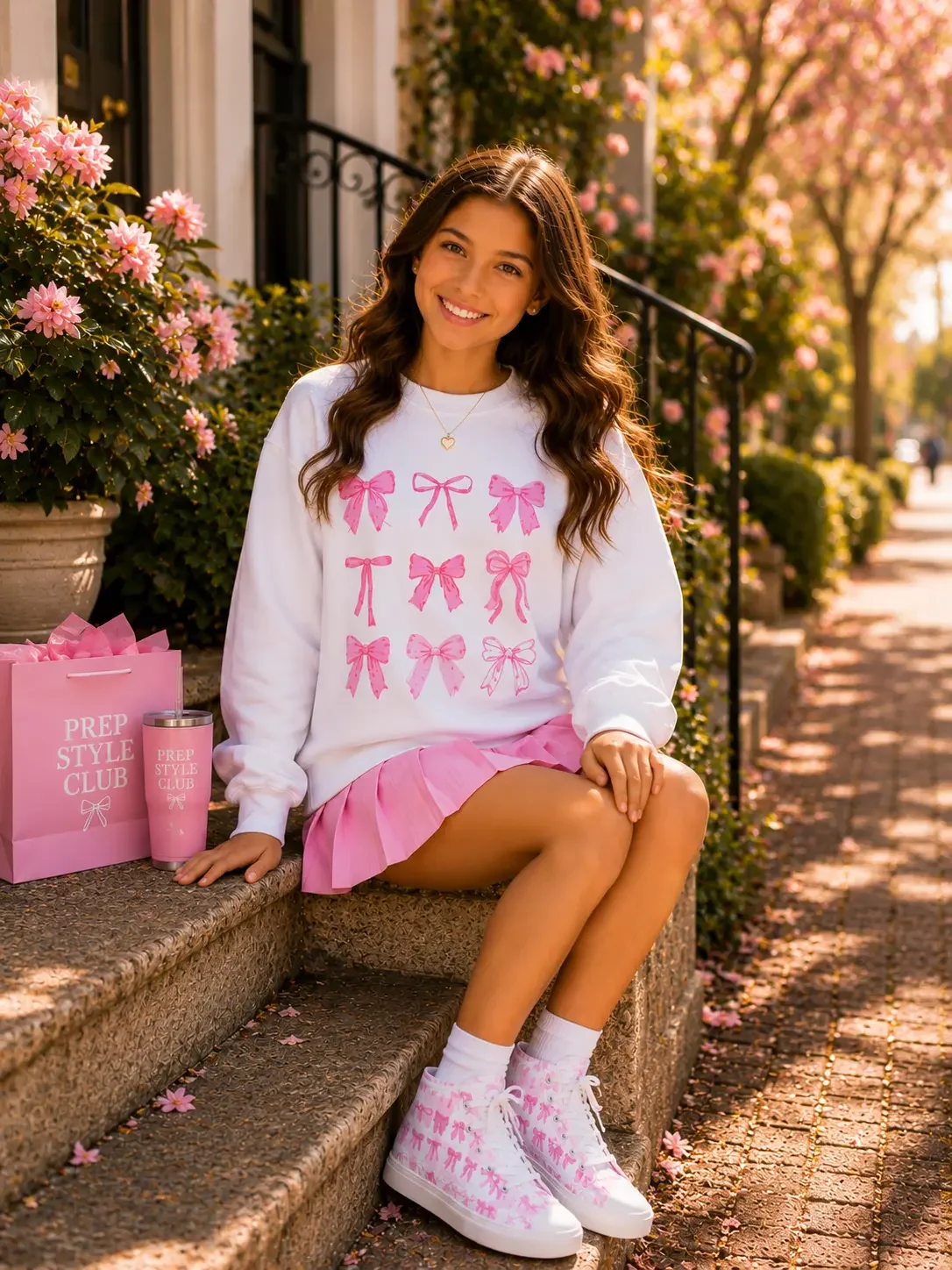 Seated view showcasing a relaxed-fit white sweatshirt featuring a 3x3 pink ribbon bow grid pattern paired with a soft pink pleated mini skirt.