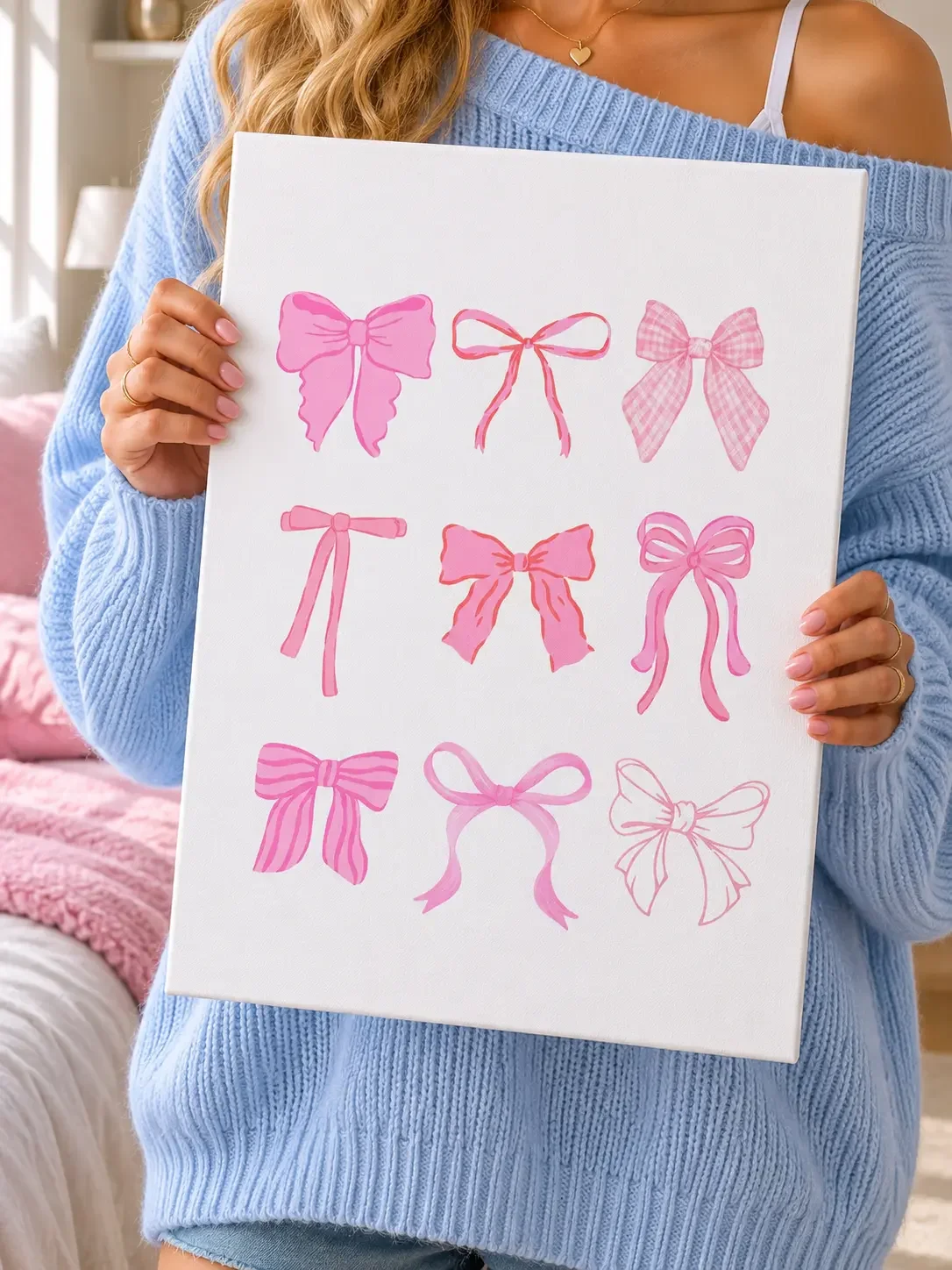 Girl in a light blue sweater holding a white canvas print featuring a grid of nine unique pink bow illustrations.
