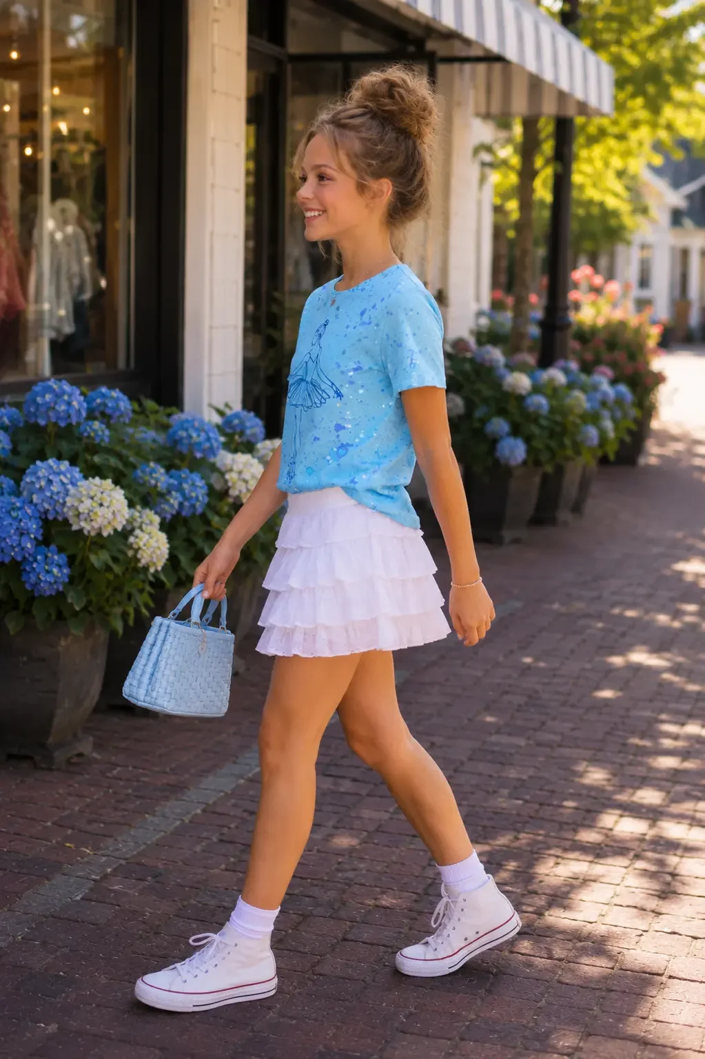 Side view of a smiling girl with a messy bun walking on a sidewalk wearing a blue ballerina graphic t-shirt, white tiered ruffle skirt, and high-top sneakers.