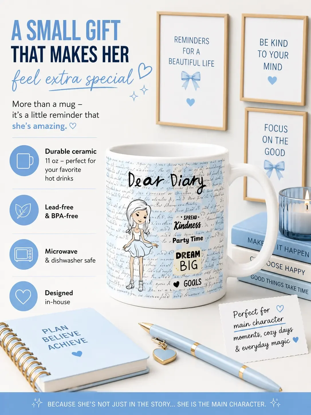Dear Diary product infographic showing a white ceramic mug with script writing and inspirational desk signs.