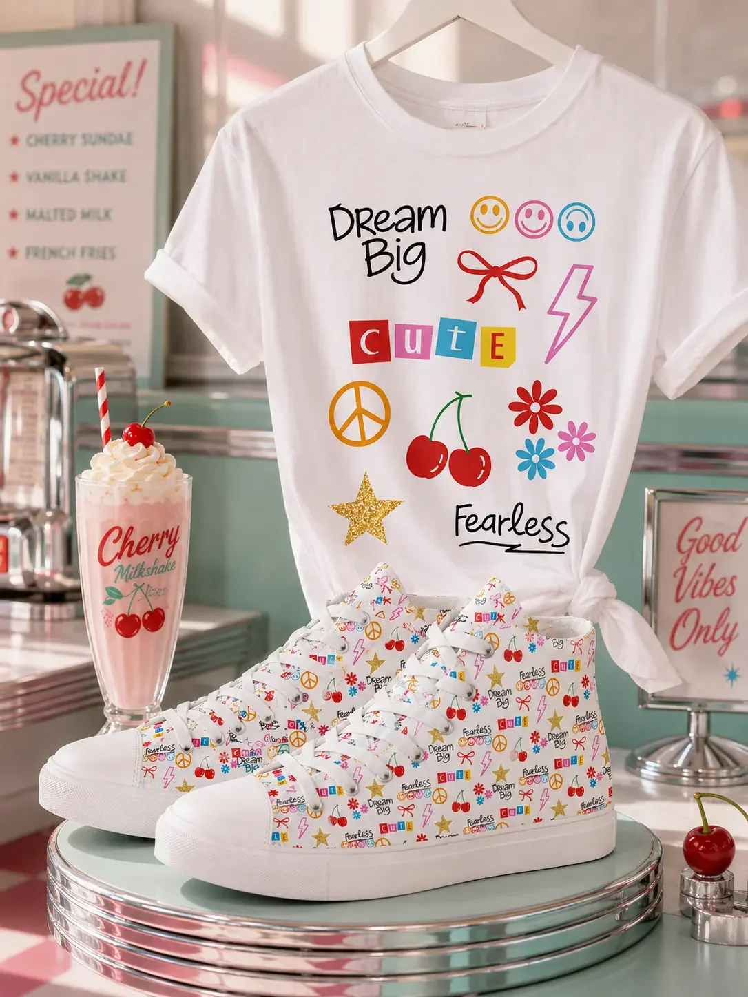 A white graphic t-shirt and matching doodle print high-top sneakers displayed on a silver cake stand next to a milkshake.