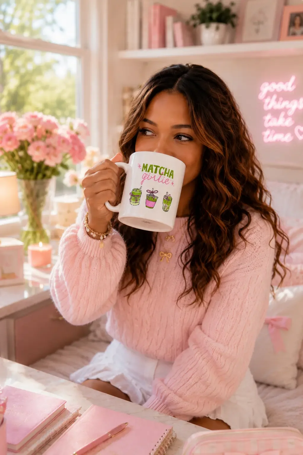 Woman in a pink sweater drinking from a white Matcha Girlie ceramic mug at her desk next to pink flowers.