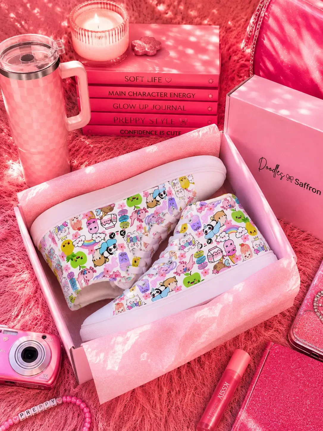 White graphic high-top sneakers inside a shipping box surrounded by pink preppy aesthetic journals and cute accessories.