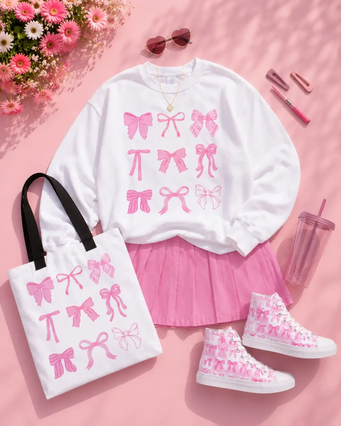 Product view of a white crewneck sweatshirt laid flat showcasing a 3x3 graphic grid design of nine unique pink watercolor ribbon bows.