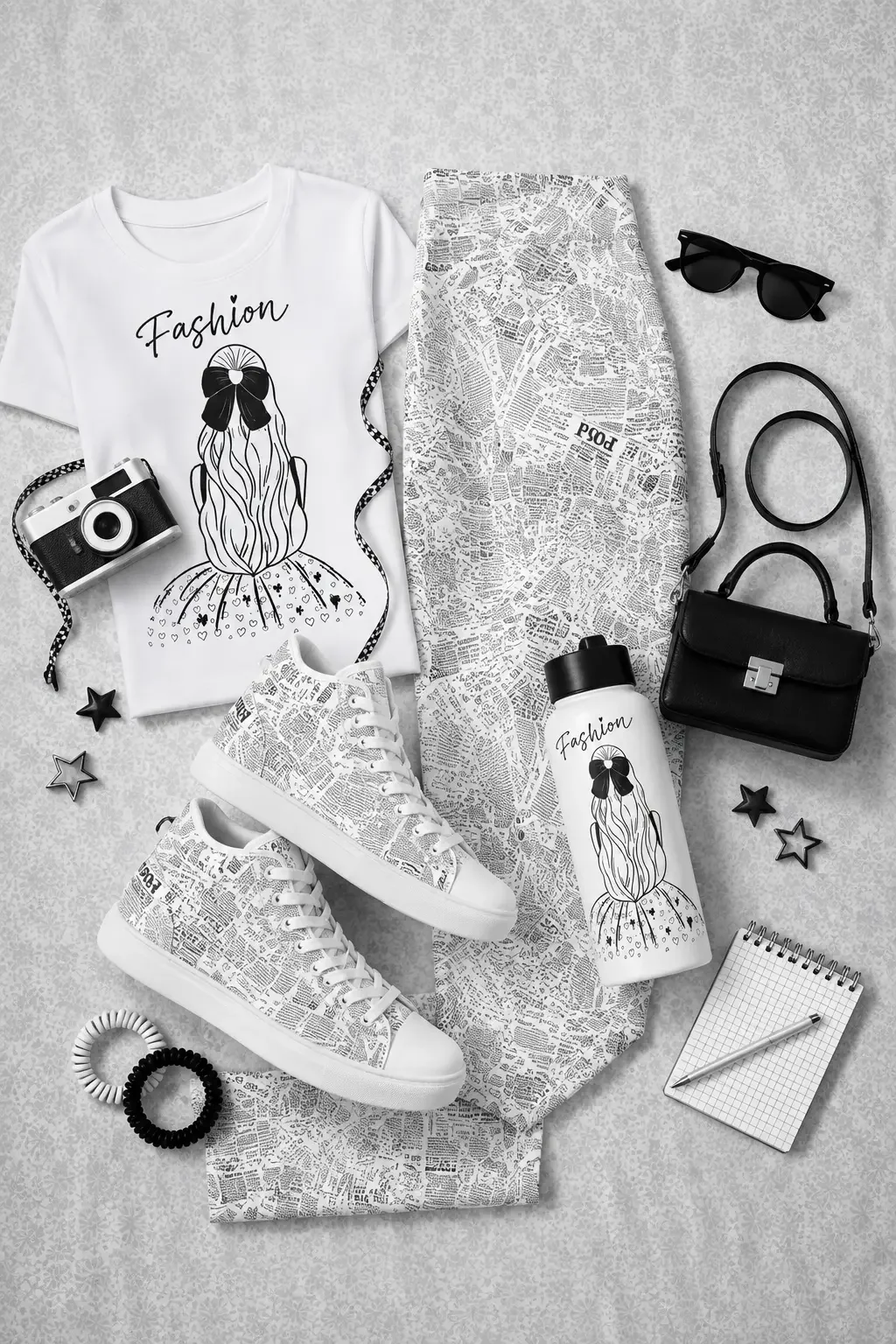 Flat lay of a white "Fashion" girl graphic tee and a black pleated mini skirt styled with a matching water bottle, white sneakers, a black quilted purse, and gold jewelry accessories.