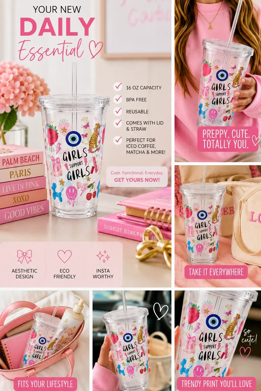Infographic for a preppy "Girls Support Girls" doodle tumbler cup, detailing its 16oz reusable features and lifestyle photos.
