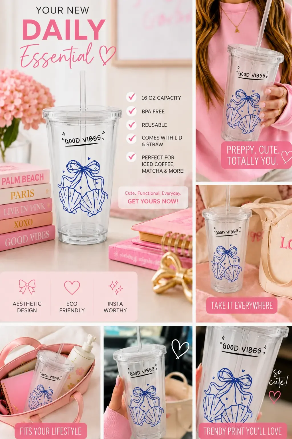 An infographic grid showcasing a 16 oz blue seashell bow tumbler with lifestyle images and listed features.