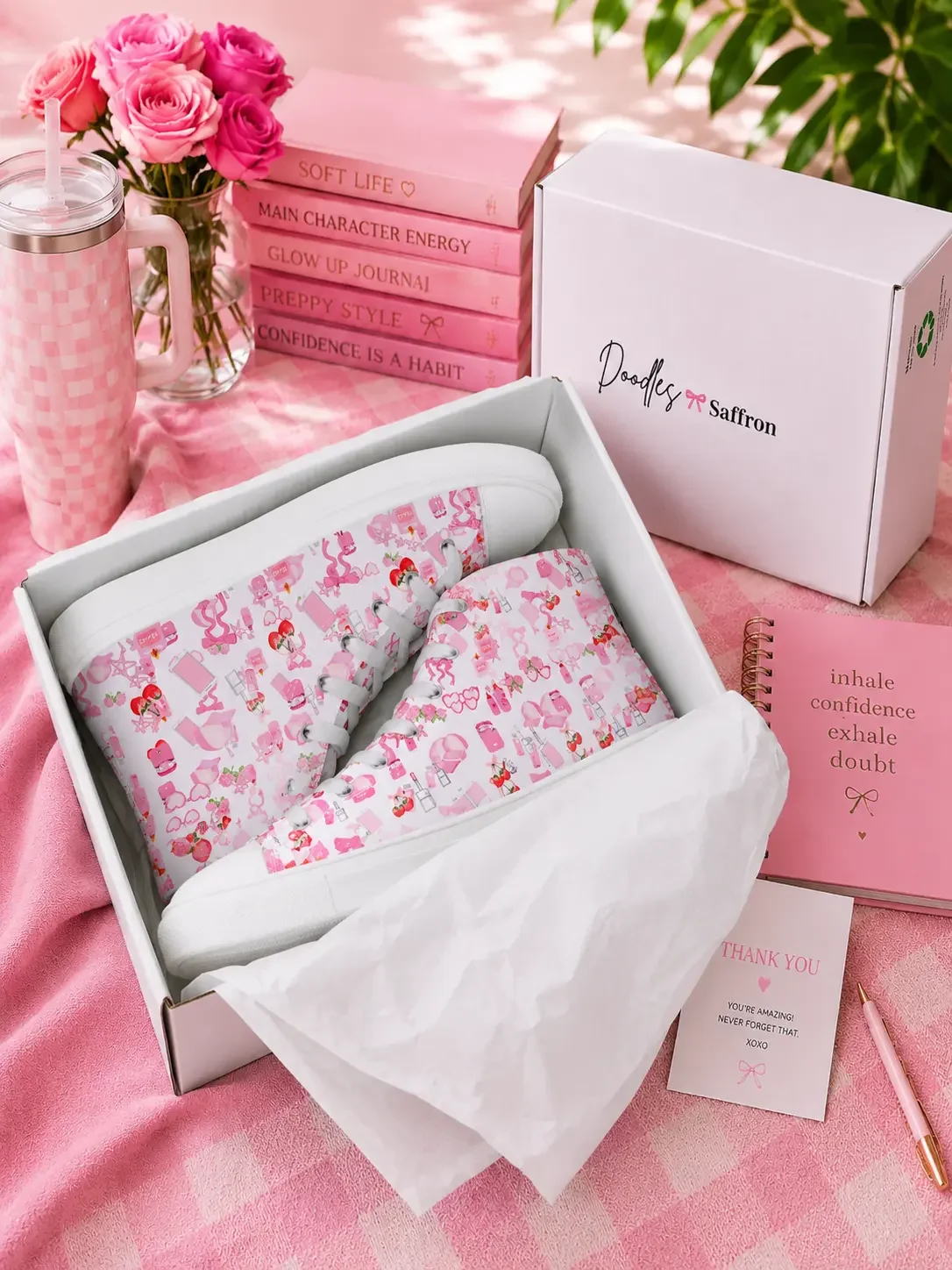 White high-top canvas sneakers with a pink doodle pattern inside a branded shipping box with pink stationery accessories.