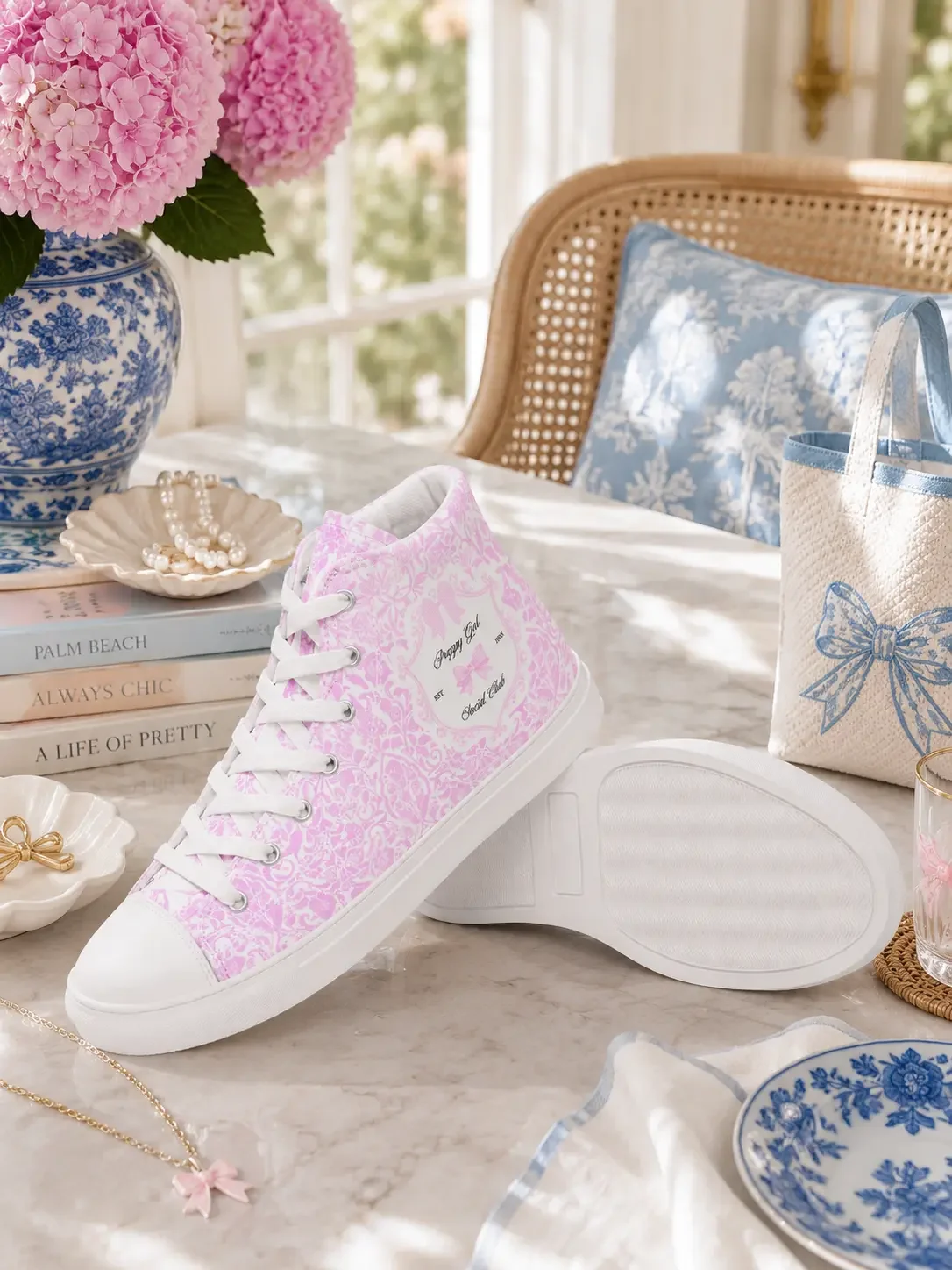 Pink toile patterned high-top canvas sneakers displayed on a marble tabletop with chinoiserie pottery and chic coffee table books.