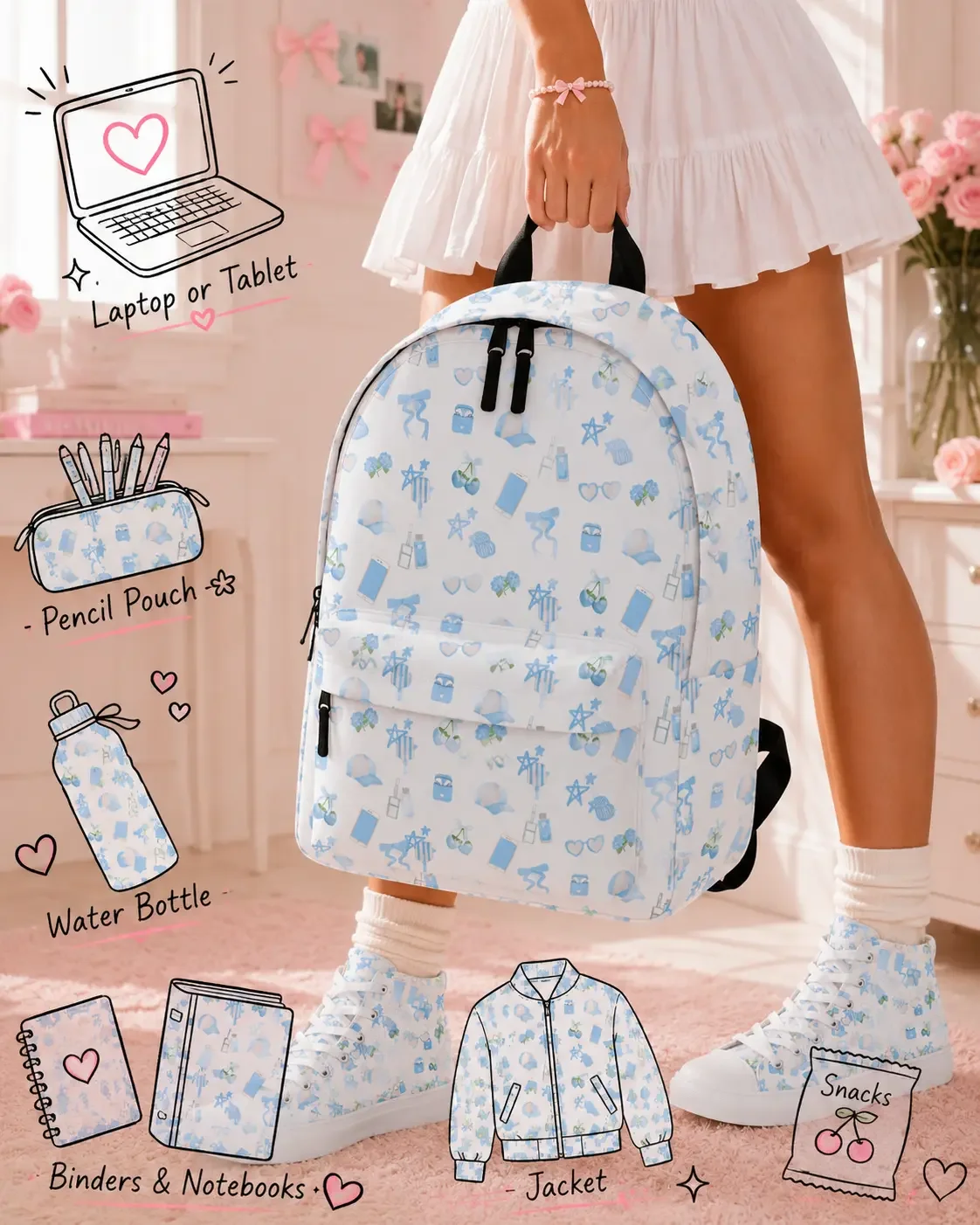 Product infographic displaying storage capacity illustrations alongside a woman holding a blue preppy icon backpack.