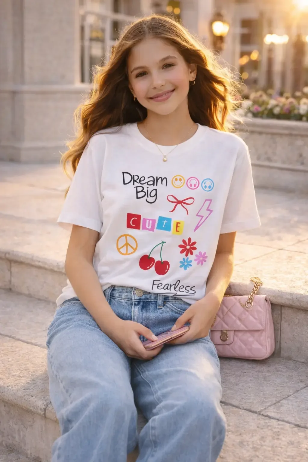 Young girl smiling on stone steps wearing a white "Dream Big" graphic doodle tee, baggy jeans, and a pink quilted purse.