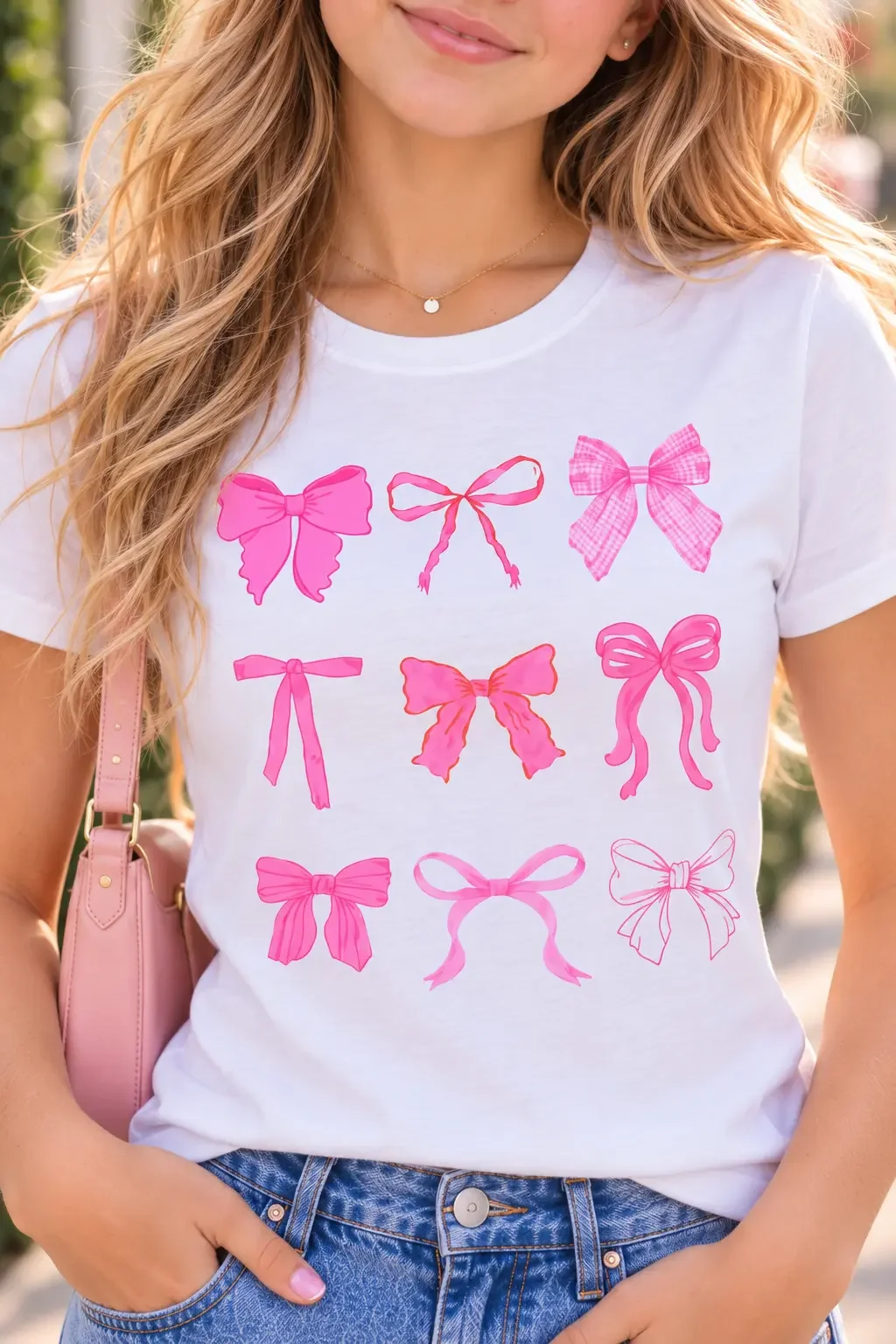 Close-up of a white graphic tee showing a grid of pink coquette style bows.