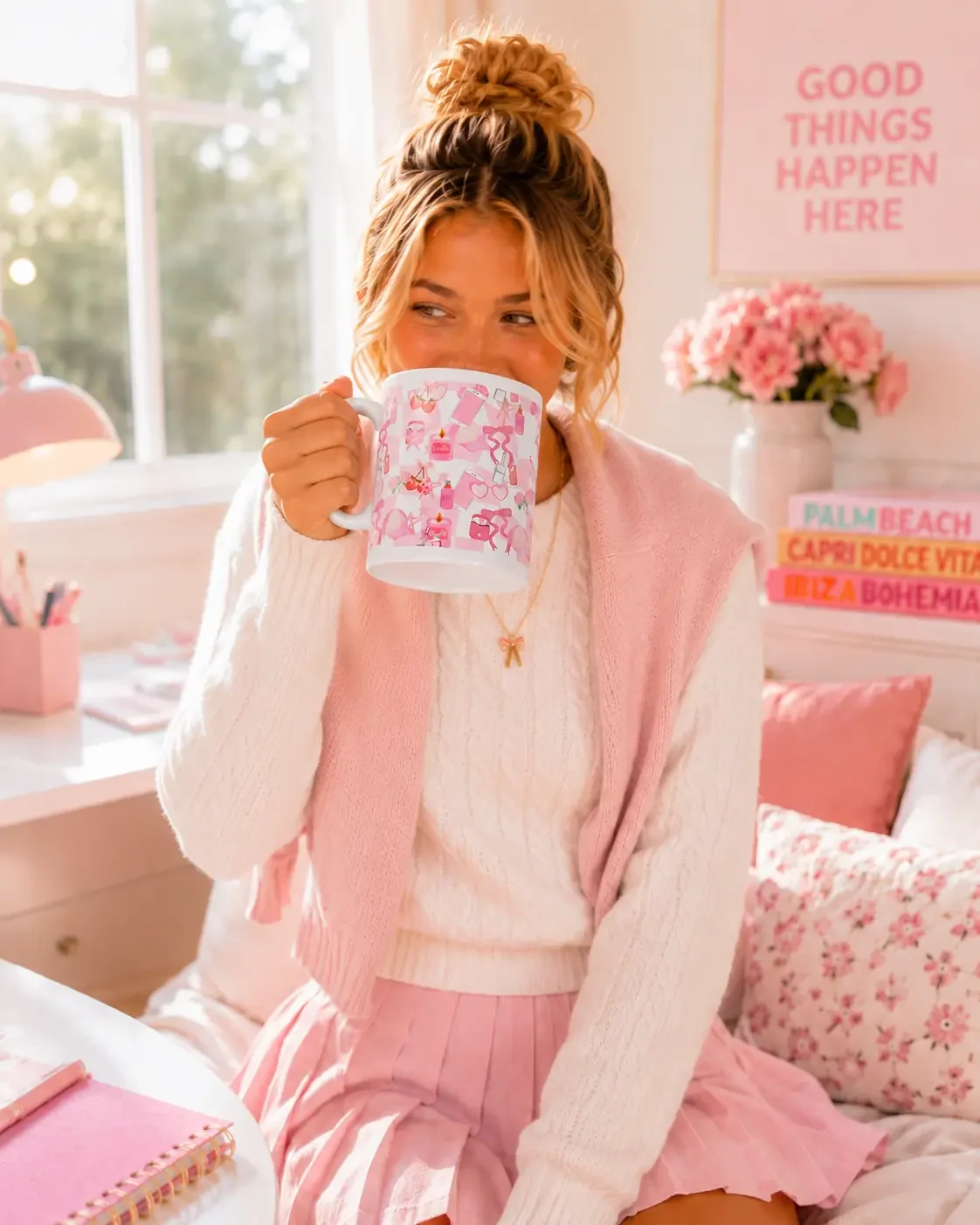 Blonde woman in a pink sweater and pleated skirt drinking from a pink preppy pattern mug in a bright bedroom.