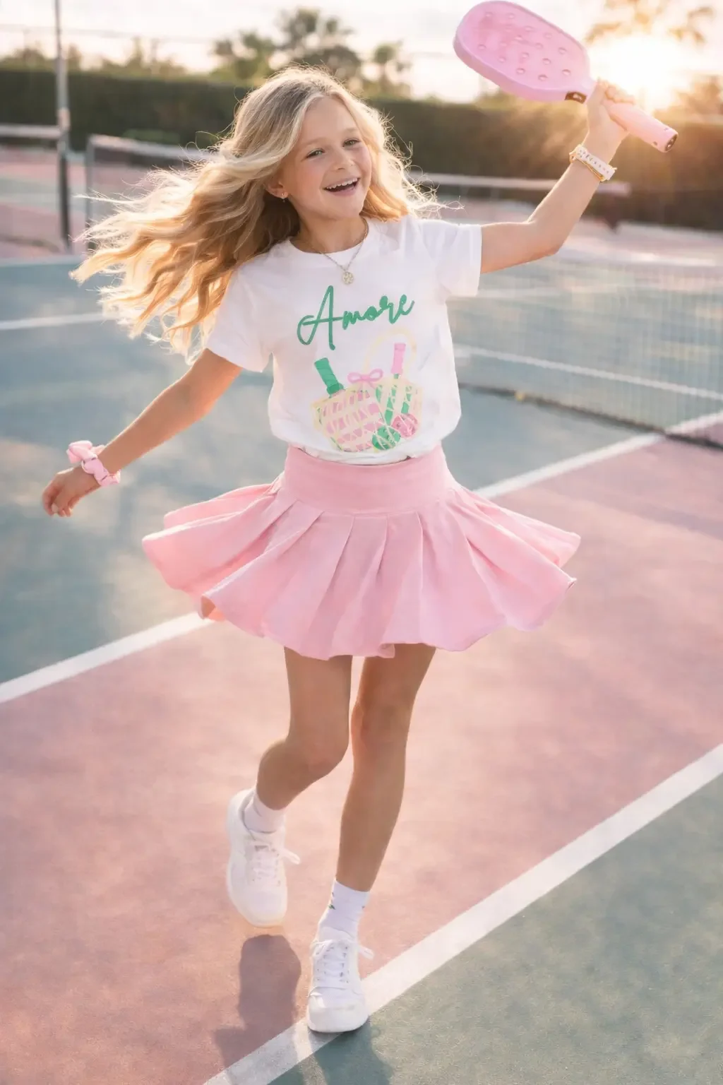Action shot of a young girl jumping on a tennis court wearing a white Amore pickleball graphic tee and pink pleated skirt.