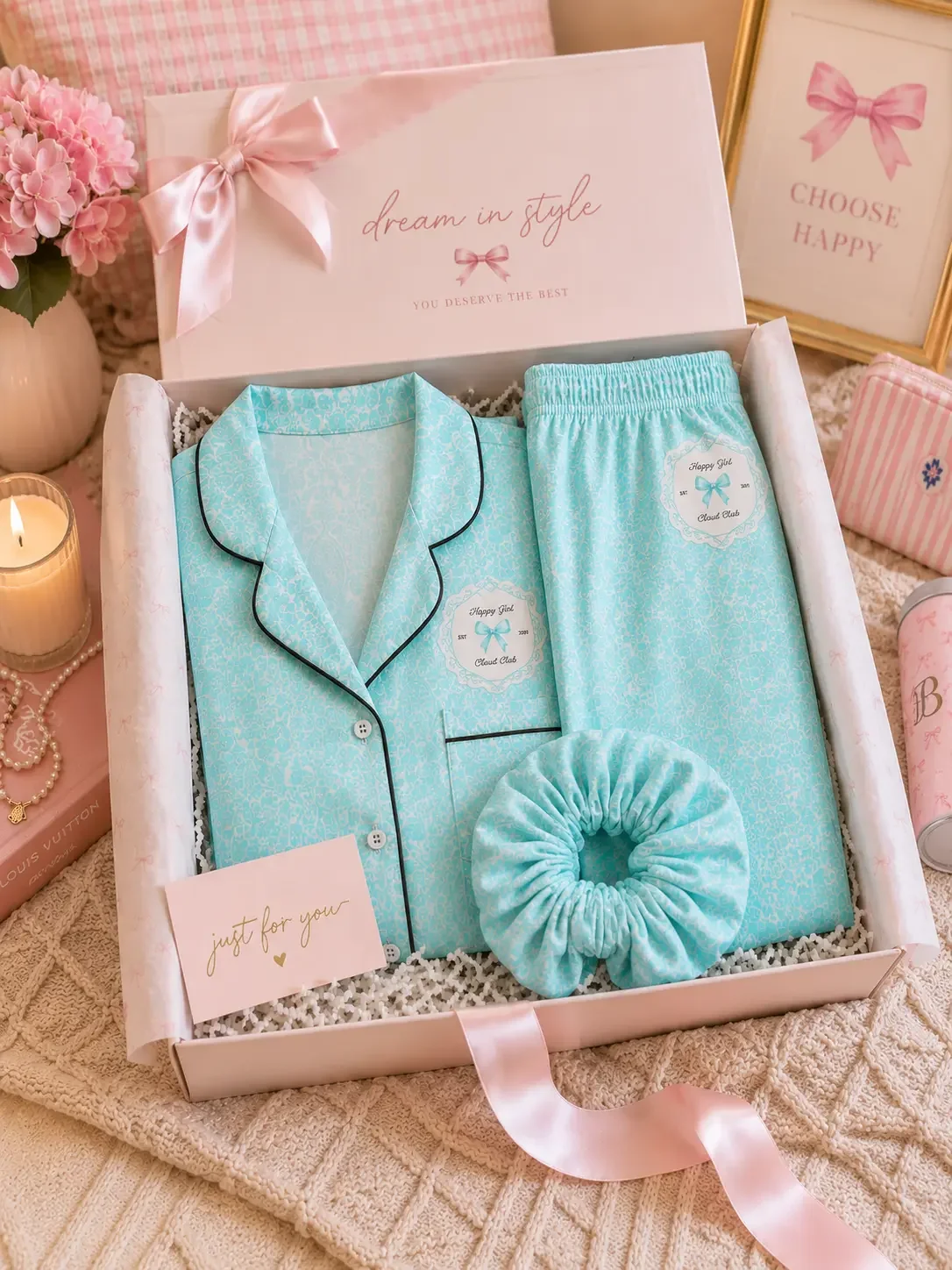 Open pink dream in style gift box containing a mint green patterned button-up pajama set, matching scrunchie, and a just for you note card.
