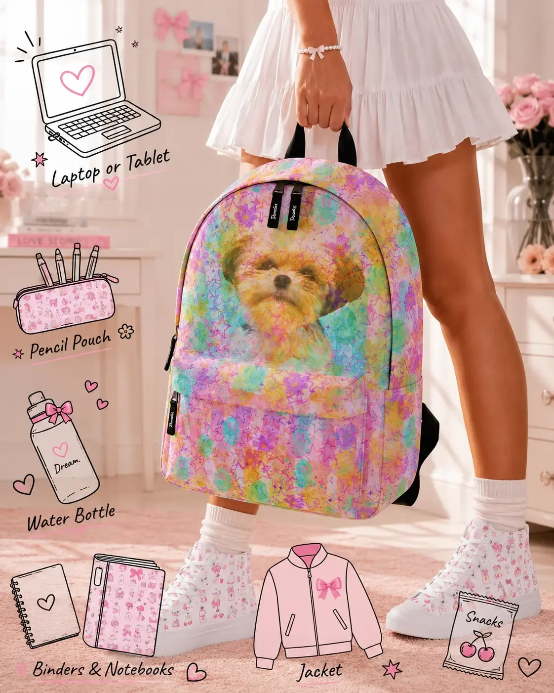 Product infographic displaying storage capacity illustrations alongside a woman holding a rainbow star dog backpack.