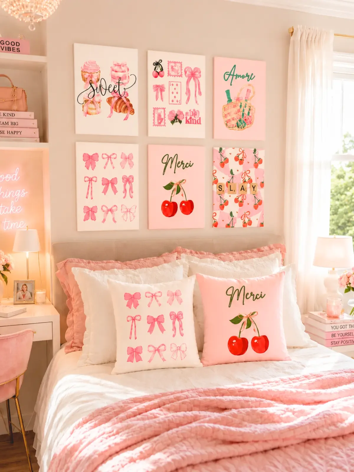Preppy pink 6-piece canvas gallery wall bundle by Doodles and Saffron hanging above a bed with matching coquette bow and cherry pillows.