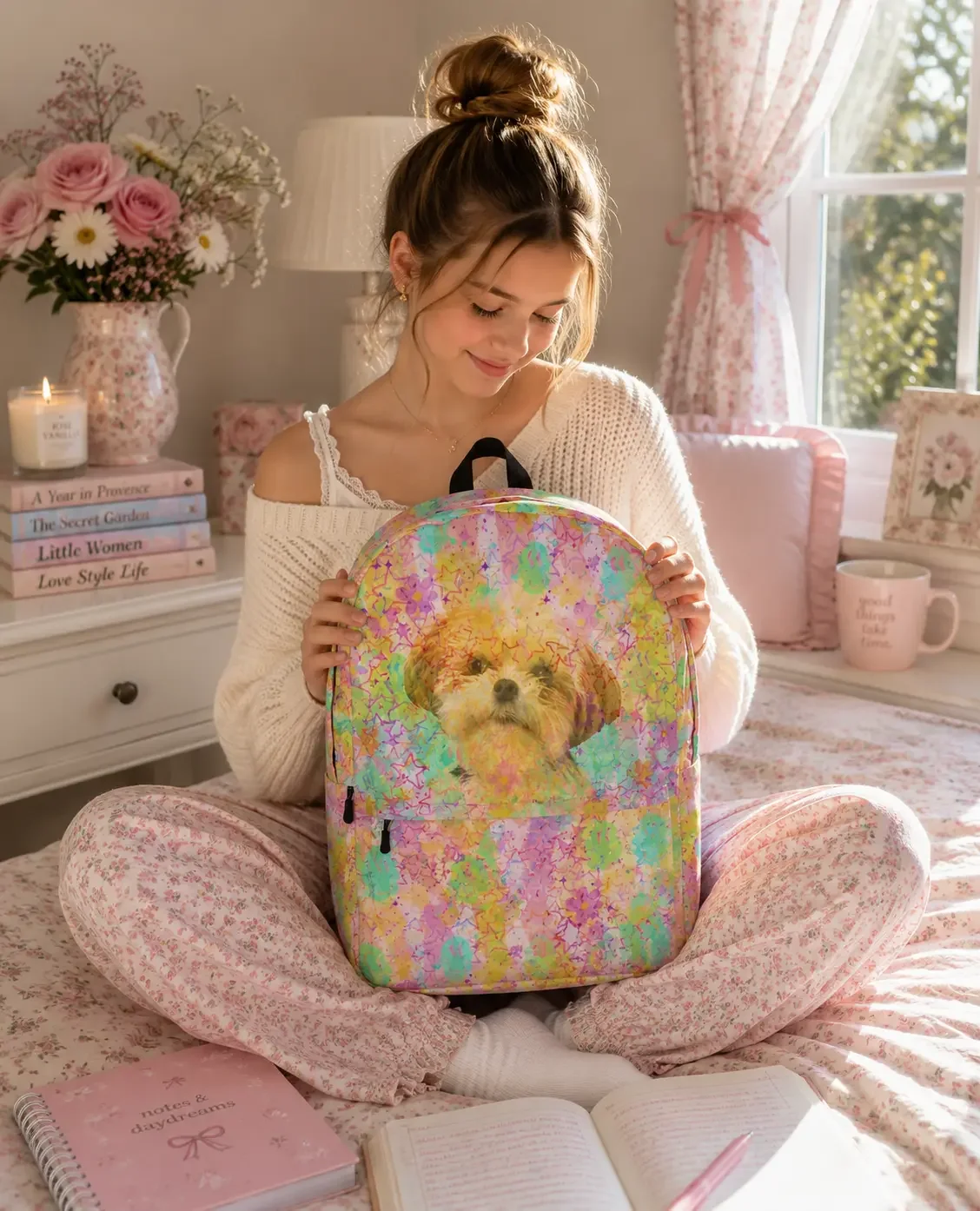 Smiling young woman with a hair bun sitting cross-legged on a bed modeling a colorful rainbow star pattern dog backpack.