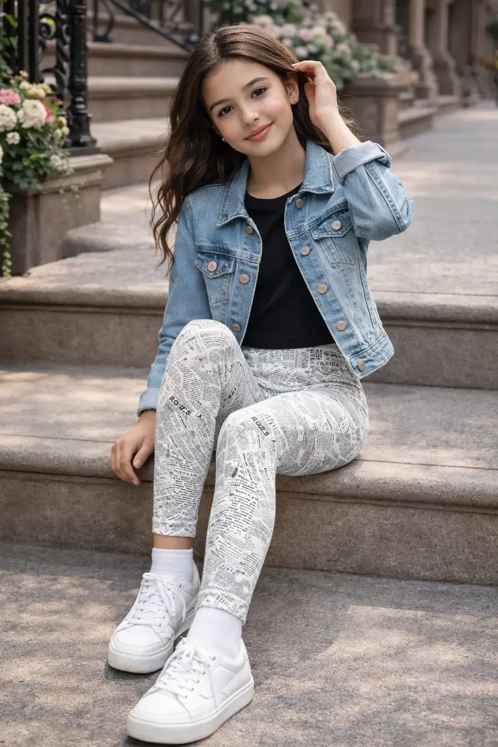 Girl sitting on steps wearing kids newspaper print leggings, light wash denim jacket, and white sneakers.