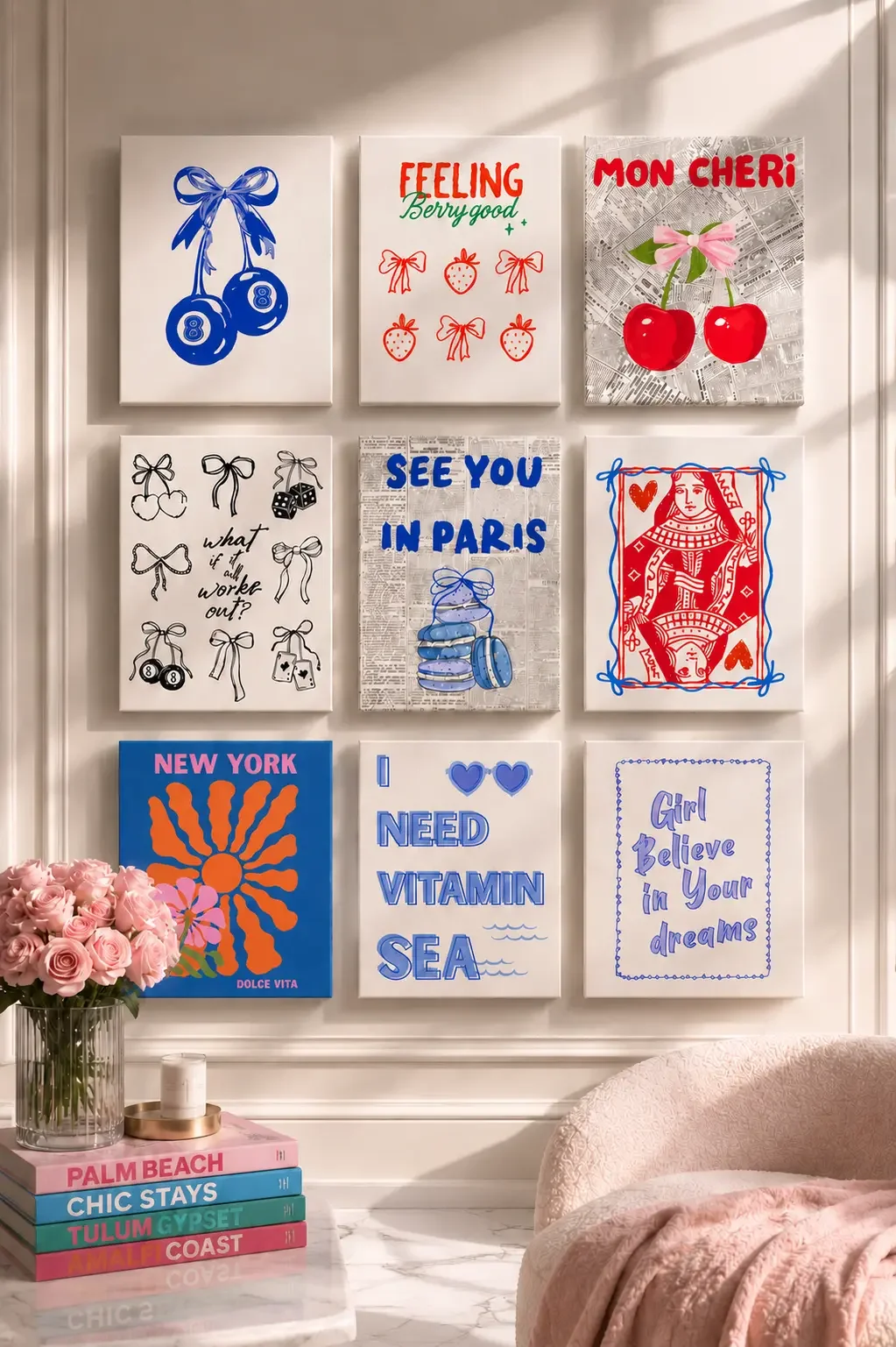 Ultimate Dream Room 9-piece canvas gallery wall bundle by Doodles and Saffron with blue 8-ball bow, cherry, and queen of hearts prints.