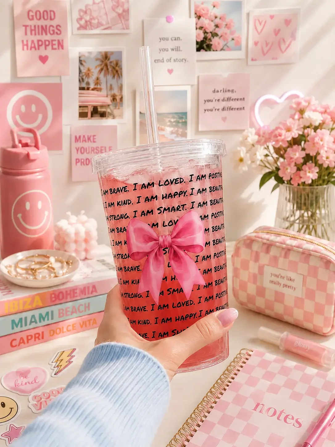 preppy-daily-affirmation-tumbler-cup-pink-bow-desk-setup.webp