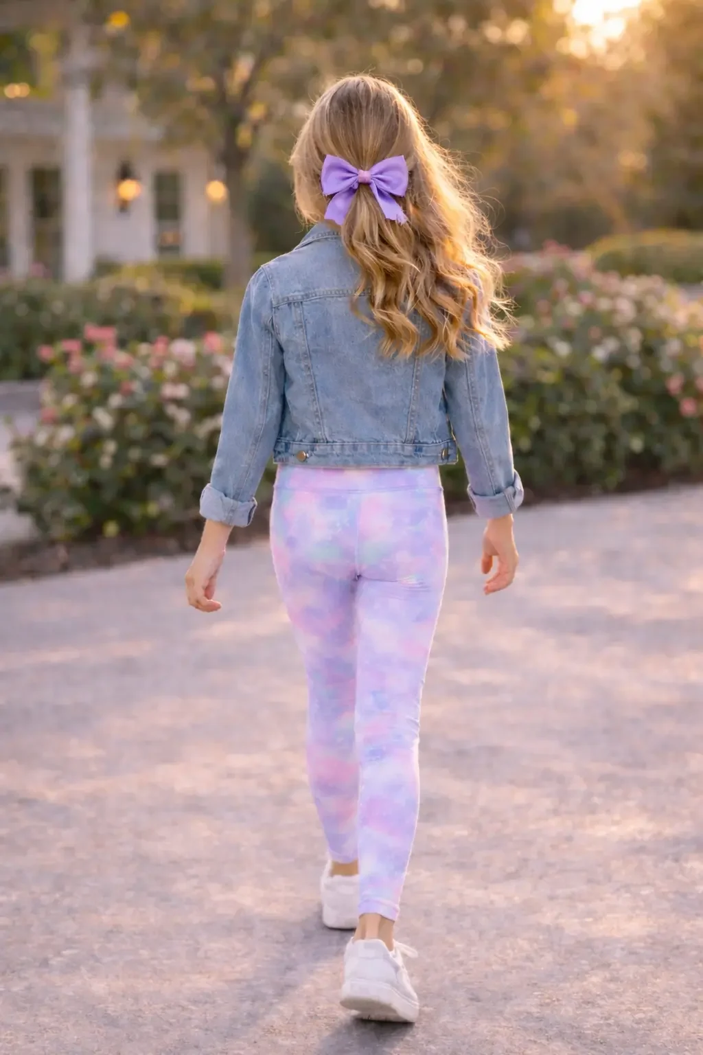 Rear view of girls full-length athletic leggings featuring a pastel purple and pink tie-dye galaxy star pattern, styled with a denim jacket and a purple hair bow.
