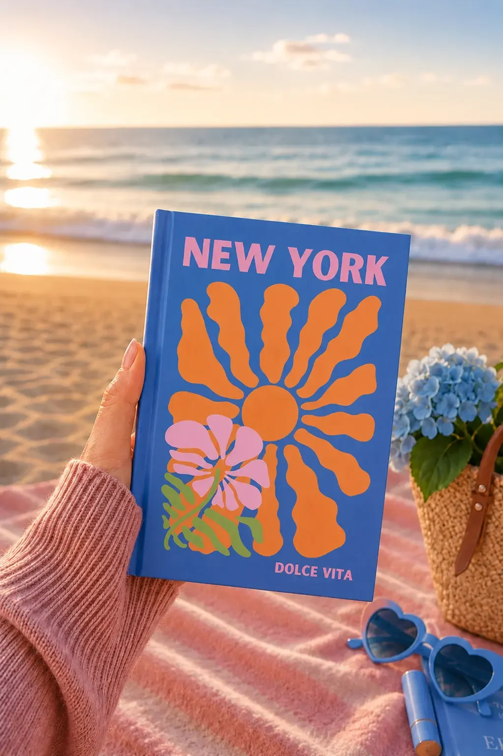 A hand holding a blue "New York Dolce Vita" notebook with an orange flower design on a beach blanket at sunset.