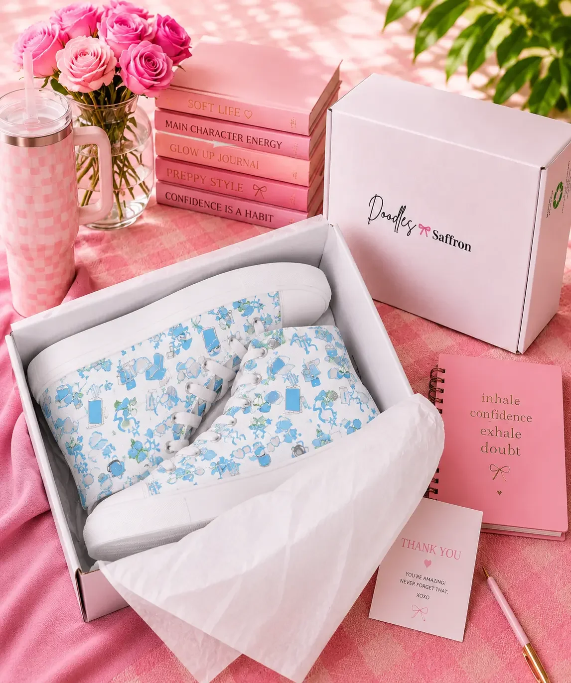A pair of blue coastal charm print high-top canvas sneakers packed inside an open white Doodles and Saffron shoebox.