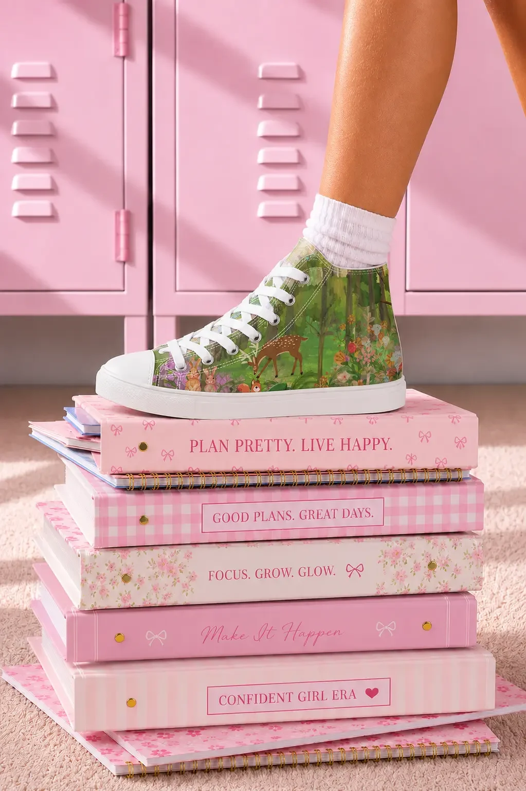 A person wearing a green forest woodland print high-top canvas sneaker stepping on a stack of pink pastel aesthetic binders in front of pink lockers.