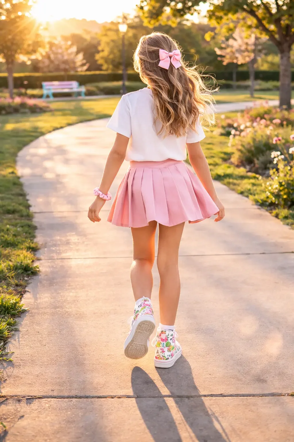 Back view of a young girl walking down a park path wearing a white t-shirt, pink pleated skirt, and a pink hair bow.