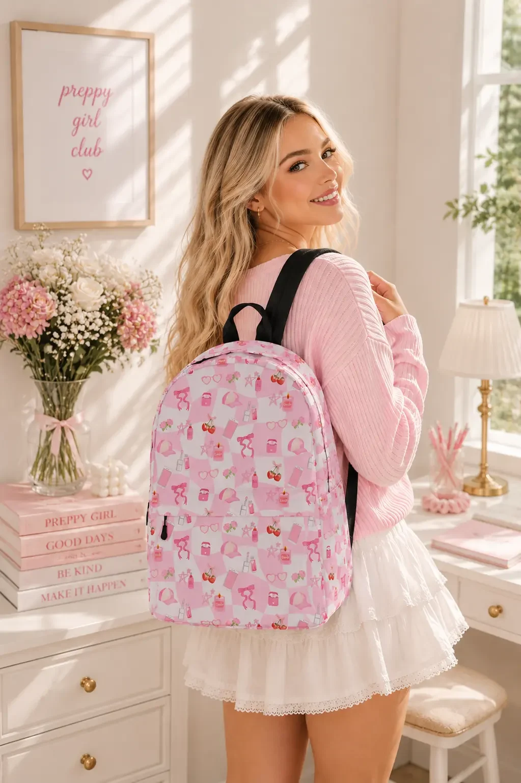 Slay Girl Checkered Pink Preppy Backpack