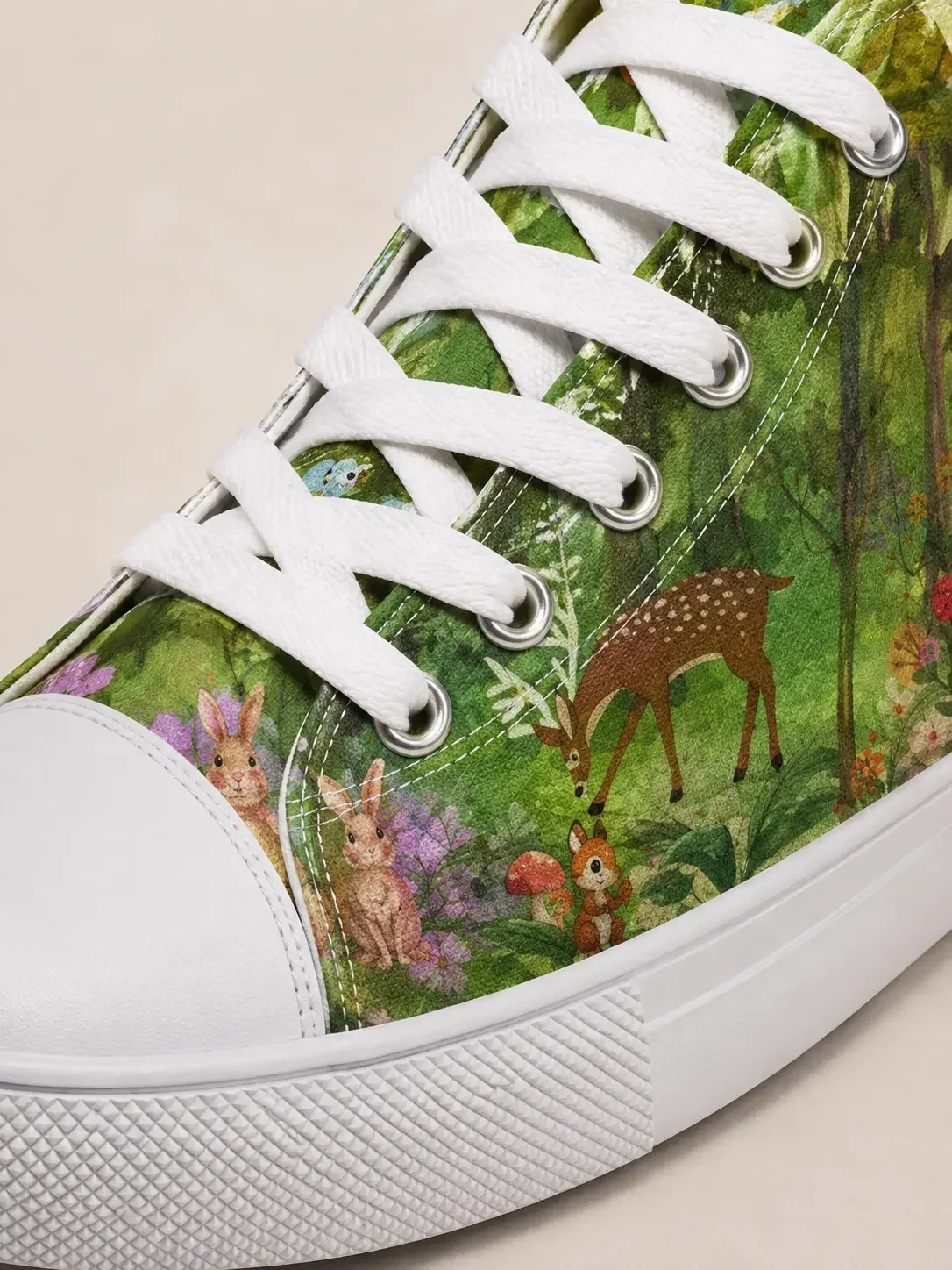 Close-up of a green canvas high-top sneaker featuring an intricate forest woodland pattern with a deer, rabbits, a squirrel, and white laces.