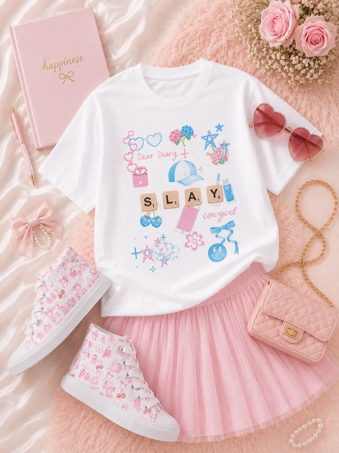 Flat lay arrangement of a white slay cowgirl t-shirt, pink tulle skirt, pink handbag, sunglasses, journal, and sneakers.