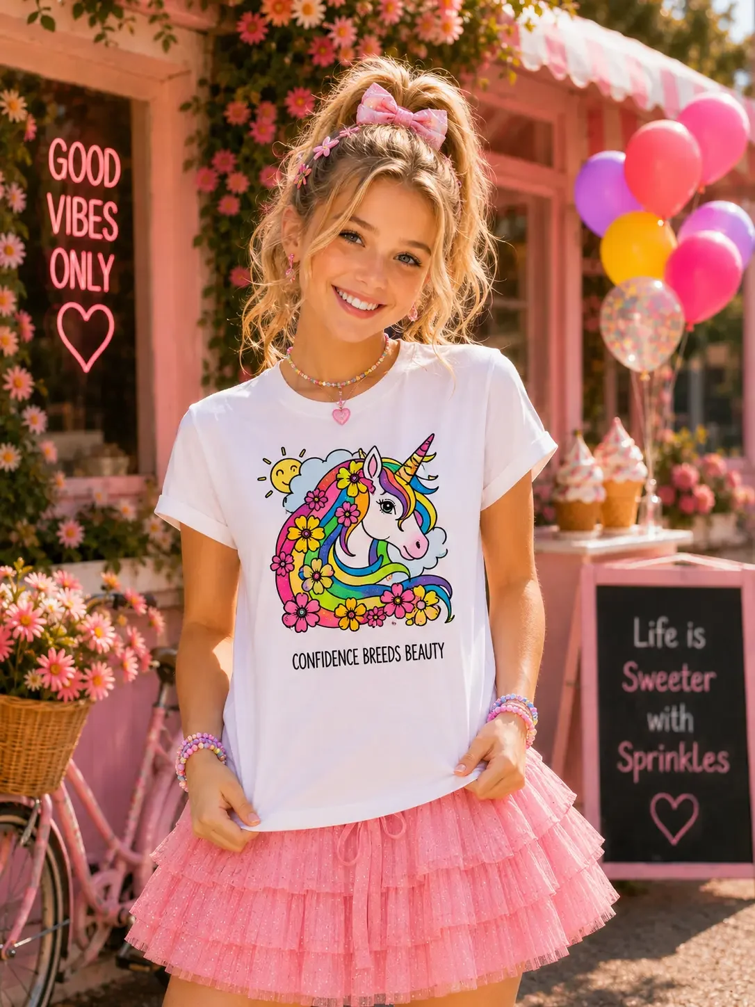 "Confidence" Flower Unicorn Girls Colorable T-Shirt