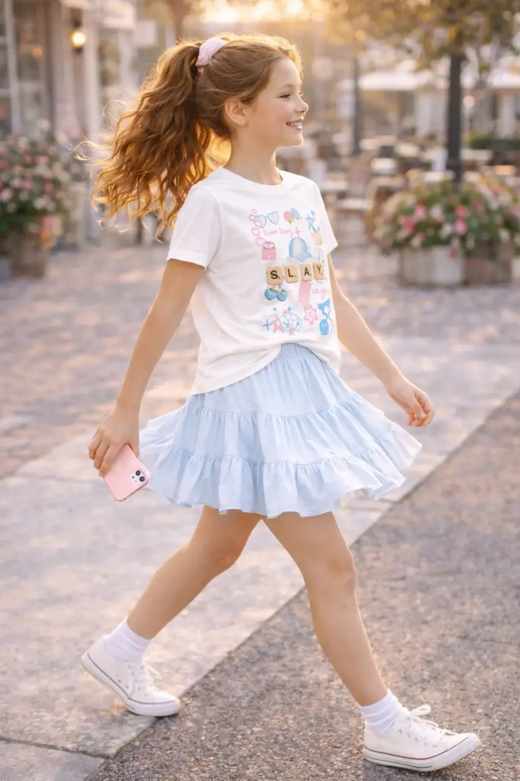 Side profile view of a smiling young girl skipping along an outdoor path wearing a white "SLAY" doodle icon graphic tee, light blue ruffled tiered skort, and white sneakers while holding a pink phone.