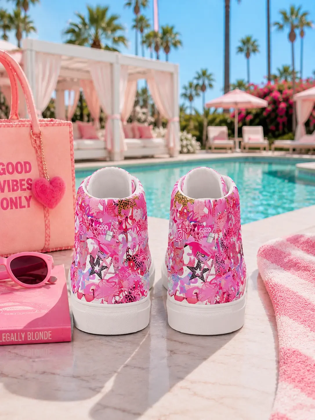 Back heel view of a pair of bright pink graffiti print high-top canvas sneakers on a table next to a swimming pool.