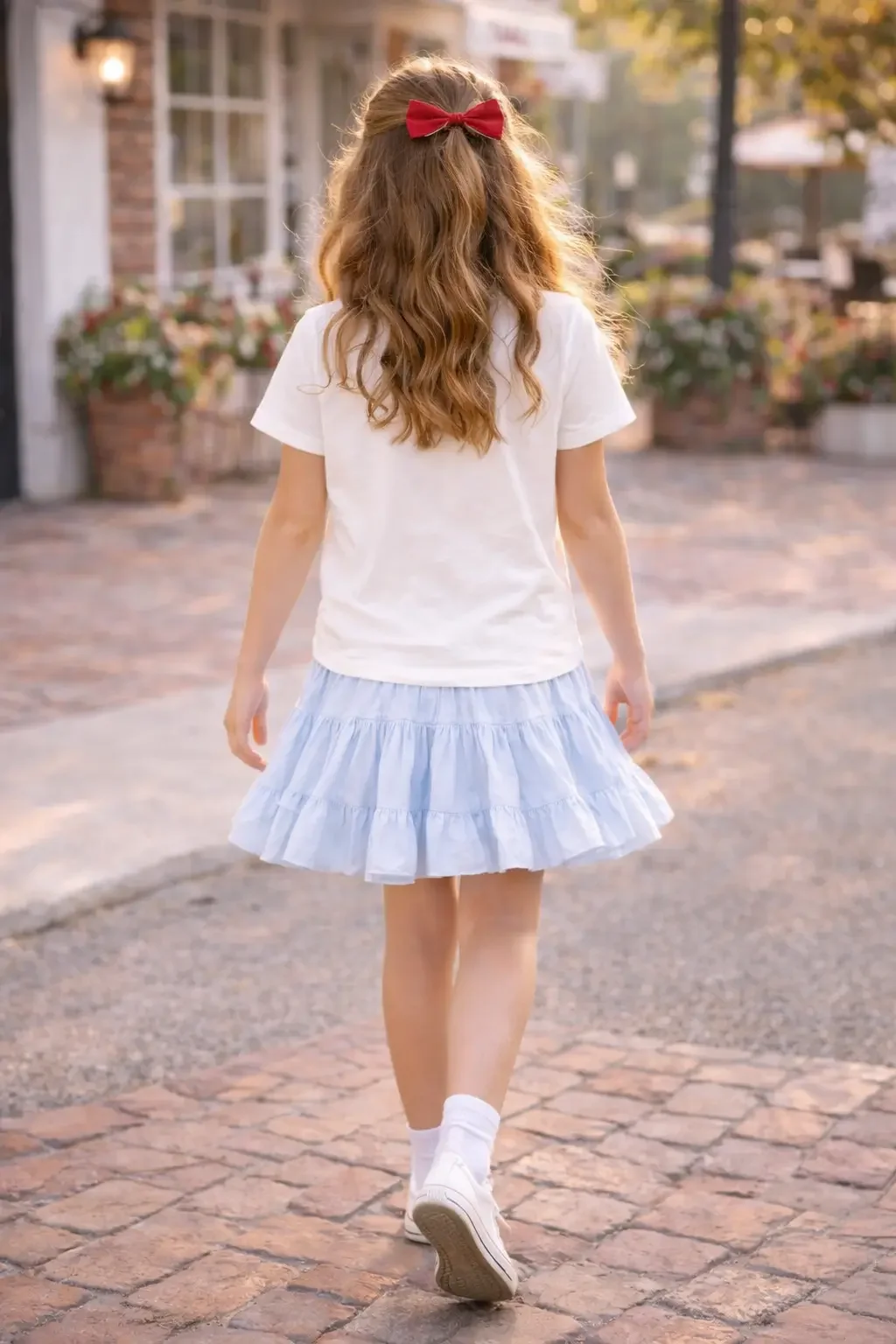 back view of a smiling young girl walking down a brick path wearing a white "Merci" cherry graphic tee, light blue ruffled tiered skirt, and carrying a straw bag.