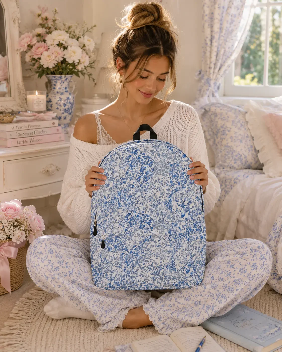 blue-floral-backpack-bedroom-lifestyle-modeling.webp