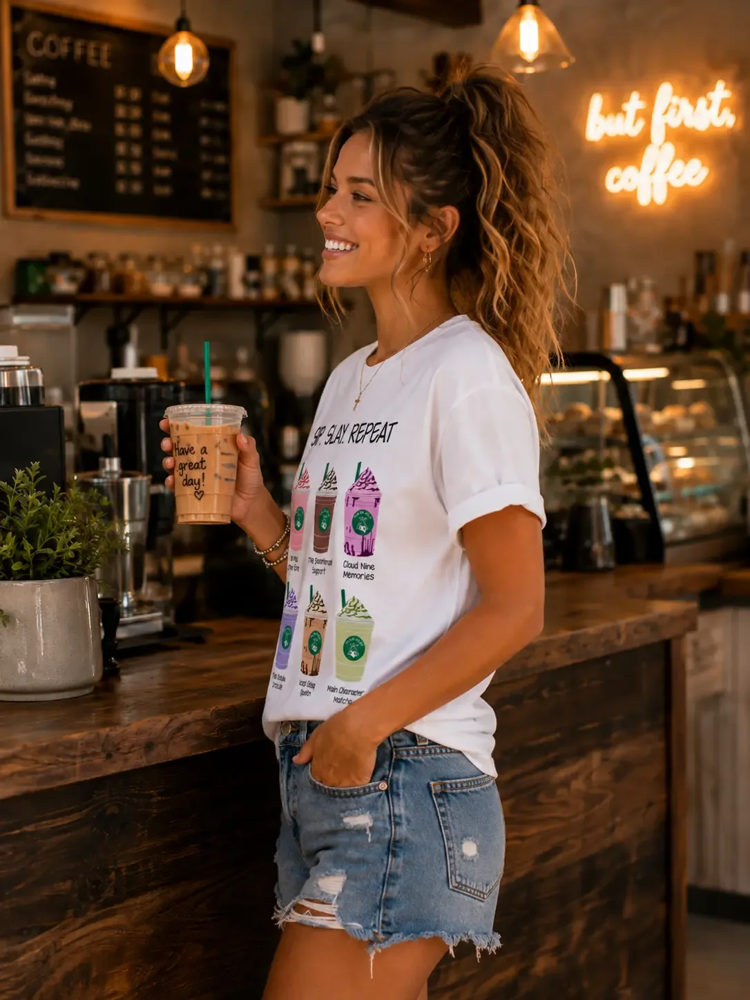 Side profile of a smiling woman holding an iced coffee and wearing a white graphic t-shirt with denim shorts inside a cafe.