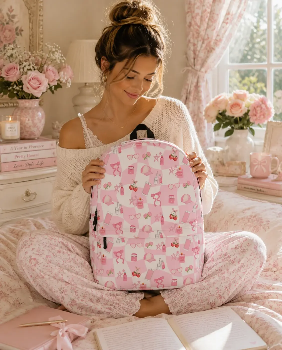 Smiling young woman with a hair bun sitting cross-legged on a bed modeling a white backpack with pink preppy icons.