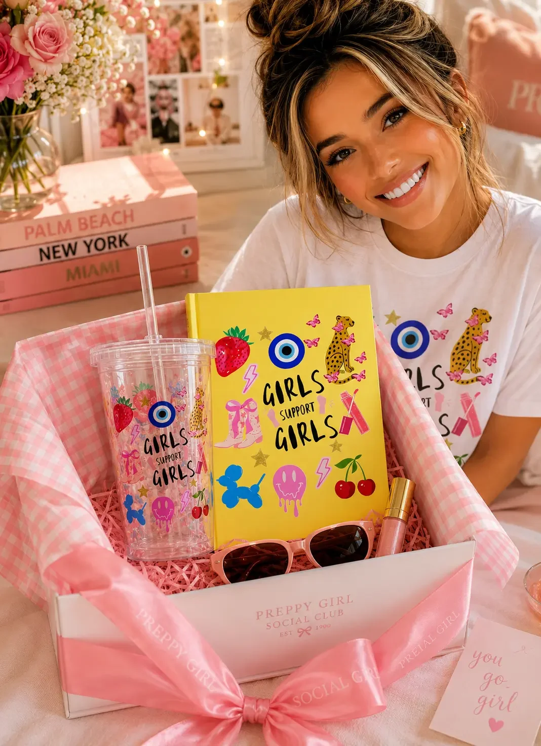 Smiling woman with a hair bun sitting behind a pink preppy gift box filled with a yellow Girls Support Girls journal and matching tumbler.