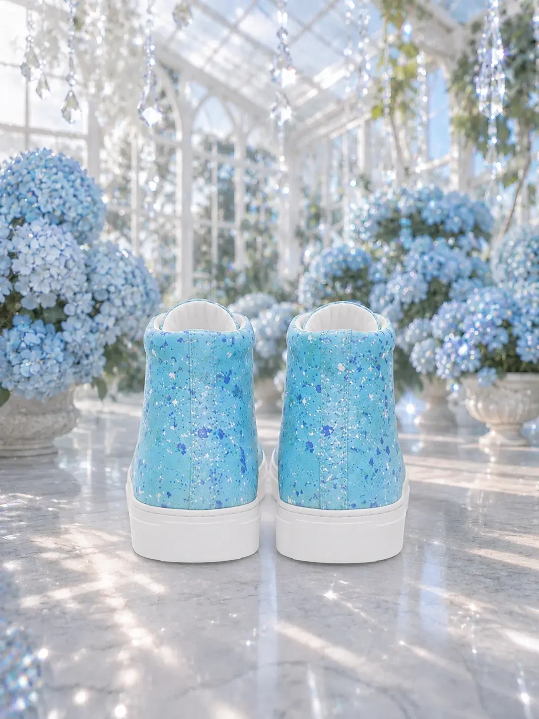 Back heel view of light blue paint splatter print high-top canvas sneakers on a marble floor in a bright hydrangea greenhouse.