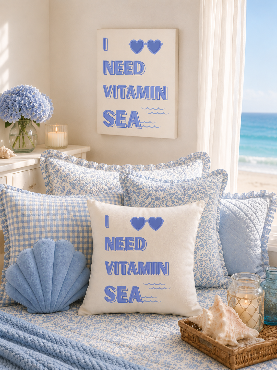Doodles and Saffron I Need Vitamin Sea square accent pillow and matching canvas print styled together on a blue patterned bed setup.