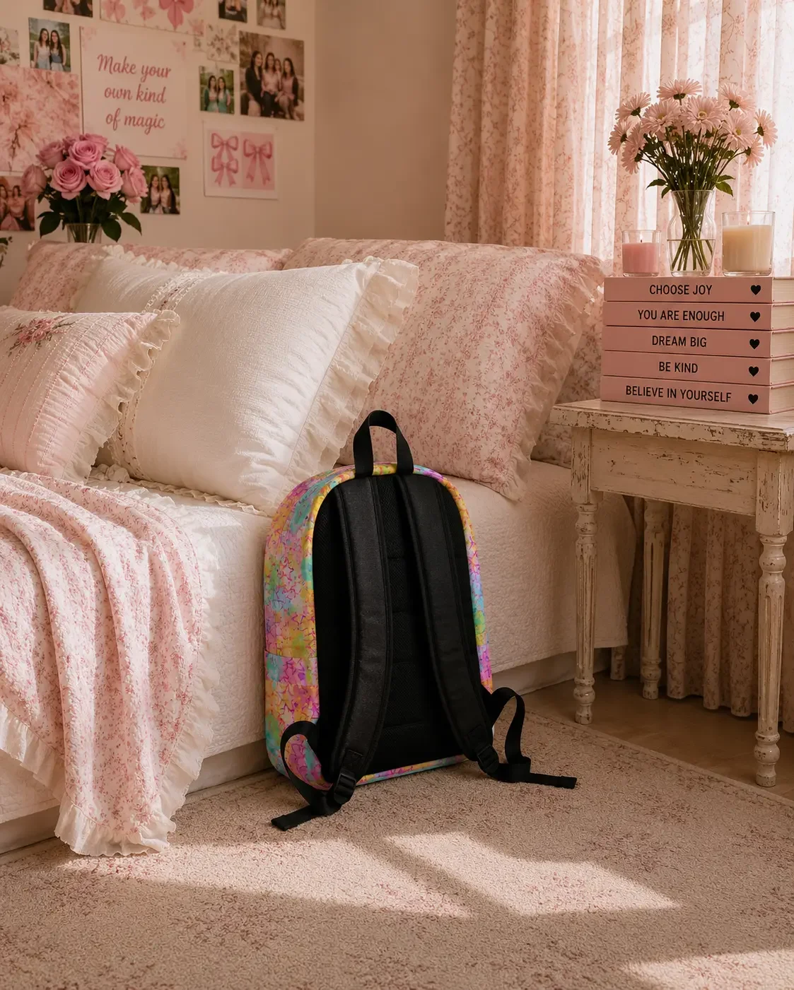 A close-up view of the back of a vibrant rainbow watercolor and floral print backpack resting on the carpet against a bed, highlighting its solid black padded straps and back panel.