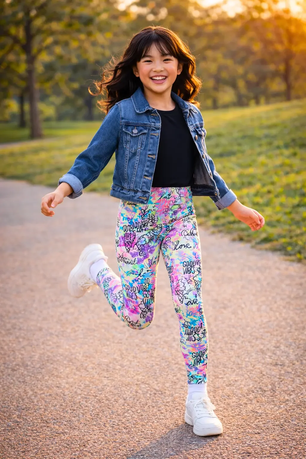 Action shot of girls colorful graffiti-pattern leggings, showing a flexible full-length fit on an outdoor running path.
